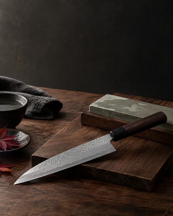 A Japanese knife resting on a whetstone and wooden board