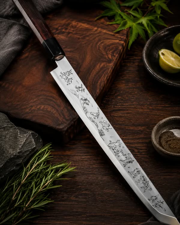 A long engraved Japanese slicing knife on dark wood