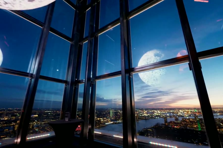 Windows and the moon at dusk