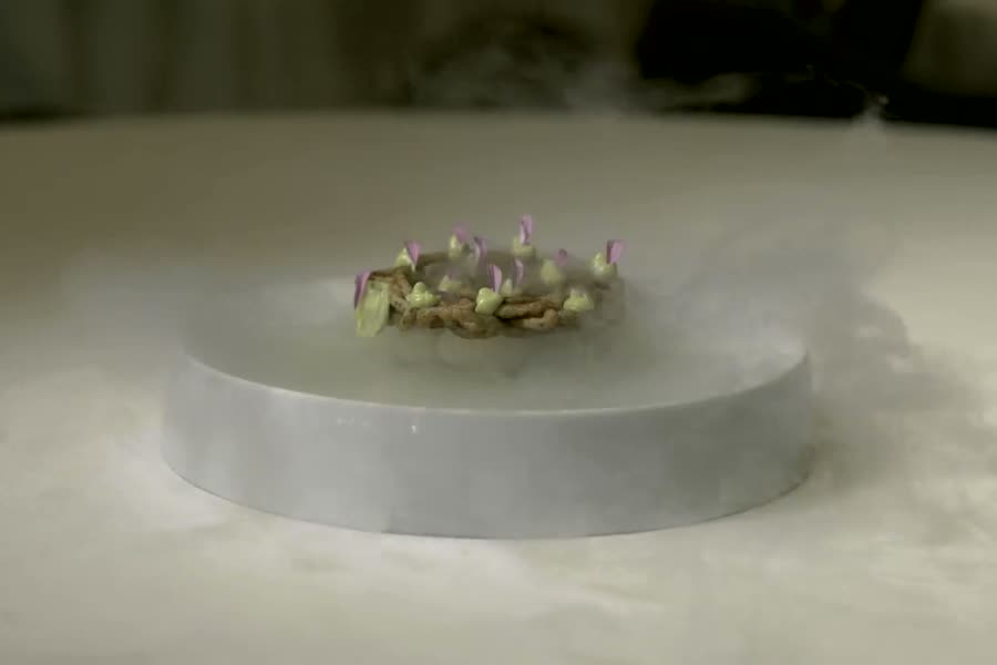 A dish on a stone plinth in mist