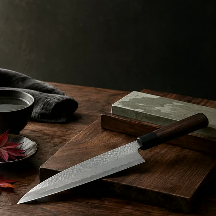 A Japanese knife on a whetstone