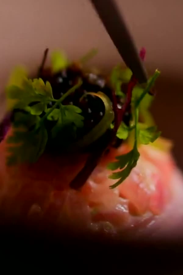 Plating a dish with tweezers