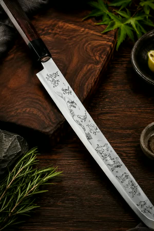 An engraved Japanese slicing knife